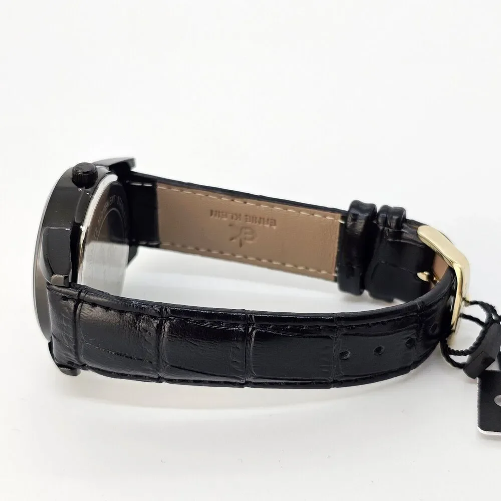 38MM Men’s Ernie Klein Watch Black Dial Day‎ Date Indicators Black Leather Bands